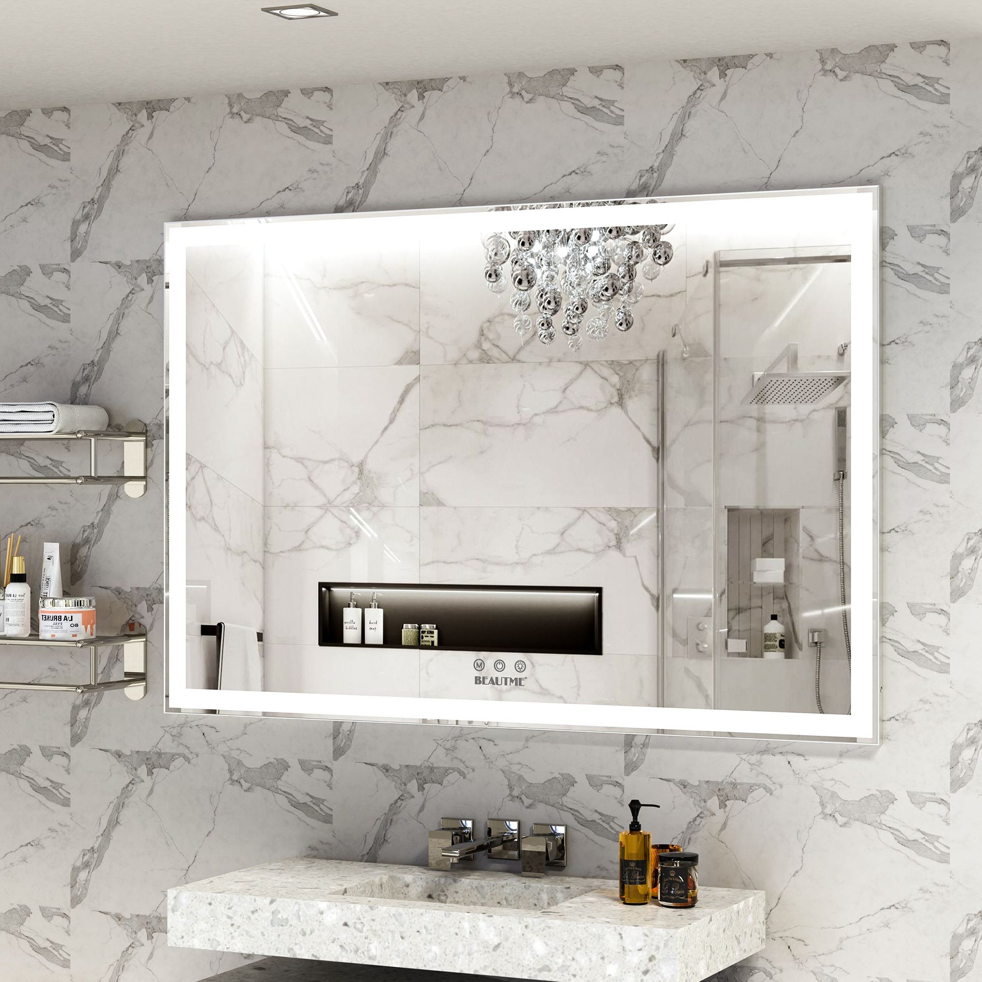 LED bathroom mirror with 3 color modes - close up of touch controls