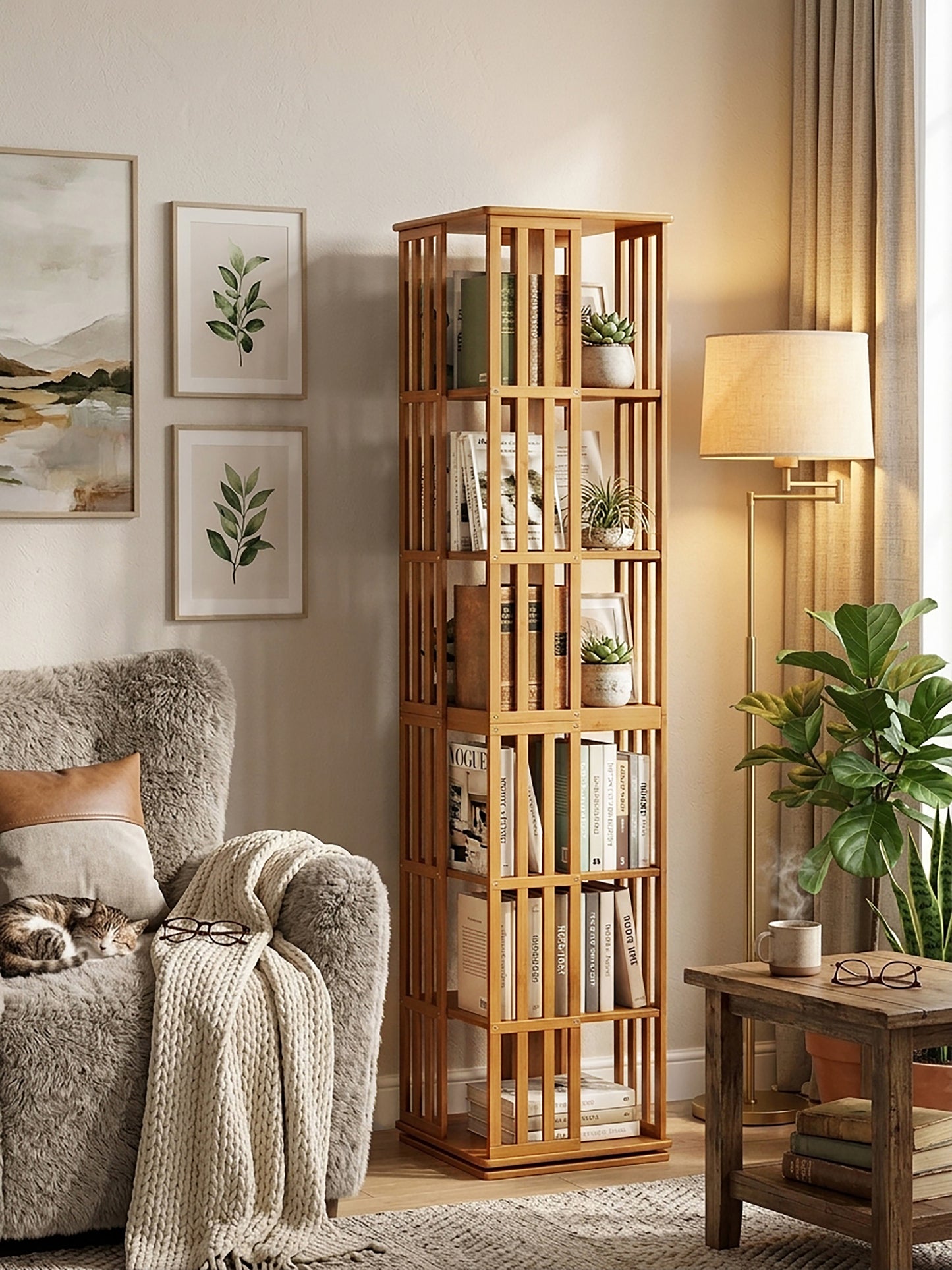 Rotating Bookshelf Tower, 360° Display Spinning Bookcase, 6 Tier Bamboo Bookshelf Floor Standing Storage Rack, Wood Narrow Book Shelf Organizer for Kids Adults (BROWN) image 1