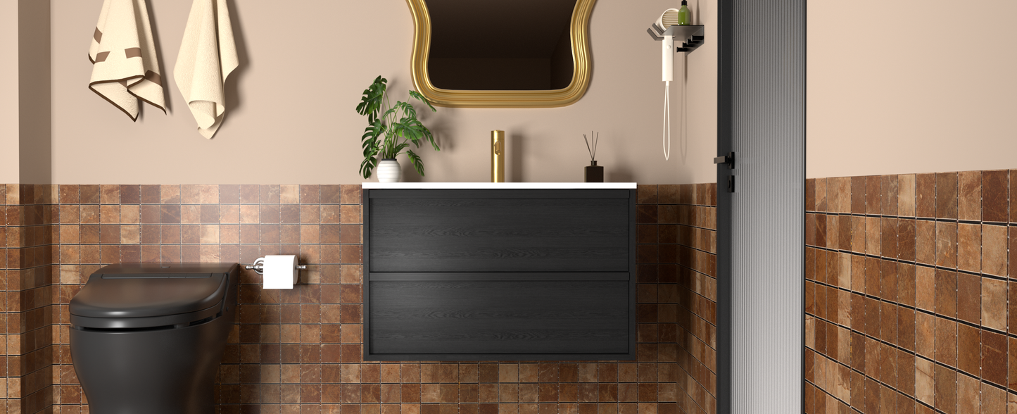 30 Inch Bathroom Vanity Cabinet With Ceramic Sink - Gray Wall Mounted Floating Fluted Vanity With Drawers, Modern image 2