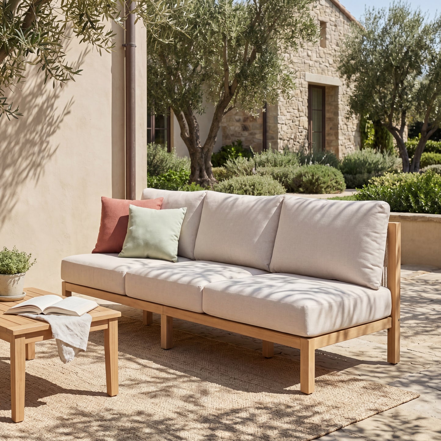 73.23" outdoor acacia wood frame, rope-braided backrest three-seater sofa (Light Teak+Beige Rope+Beige Cushion) image 1