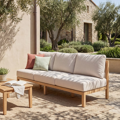 73.23" outdoor acacia wood frame, rope-braided backrest three-seater sofa (Light Teak+Beige Rope+Beige Cushion) image 1