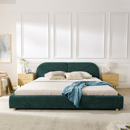 King Size Upholstered Bed Frame, Modern Minimalist Style with Tall Curved Headboard, Premium Circle Yarn Fabric & Sturdy Leg Support, Mattress Not Included-Green image 3
