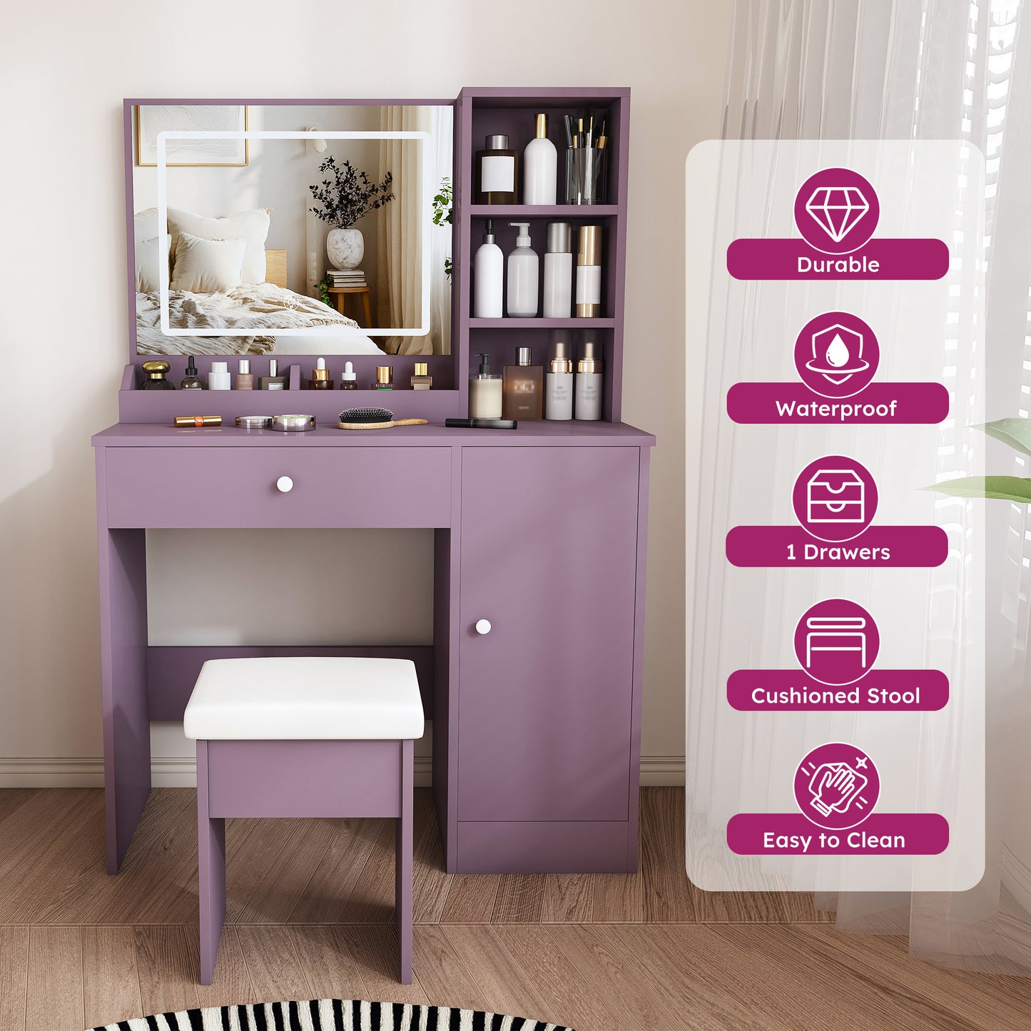 Stylish Vanity Desk Set with Padded Stool & Adjustable LED Lighted Mirror (3 Color Modes), Modern Bedroom Makeup Vanity Desk Combo, Purple image 9