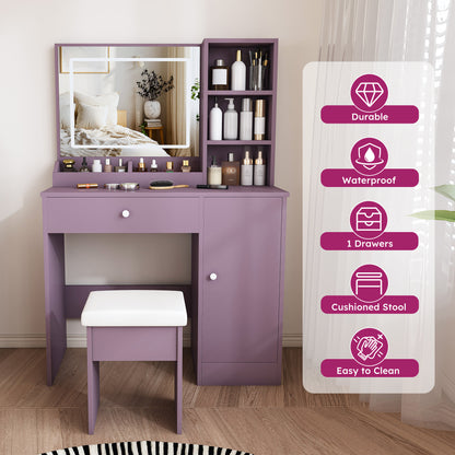 Stylish Vanity Desk Set with Padded Stool & Adjustable LED Lighted Mirror (3 Color Modes), Modern Bedroom Makeup Vanity Desk Combo, Purple image 9