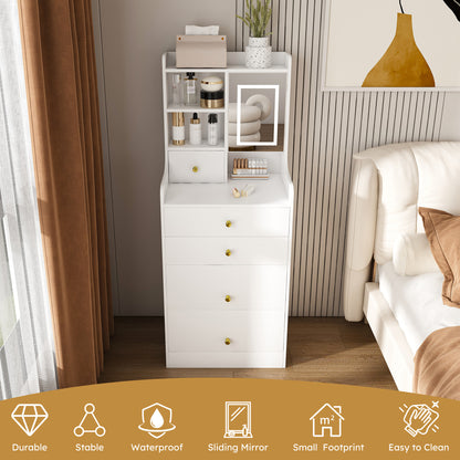 3-in-1 Dressing Table with LED Mirror & Storage Stool - Compact Makeup Vanity with 4 Drawers, Storage Cabinet & Hidden Stool, White Density Board Design, Open Bookshelf for Bedroom Organization image 12