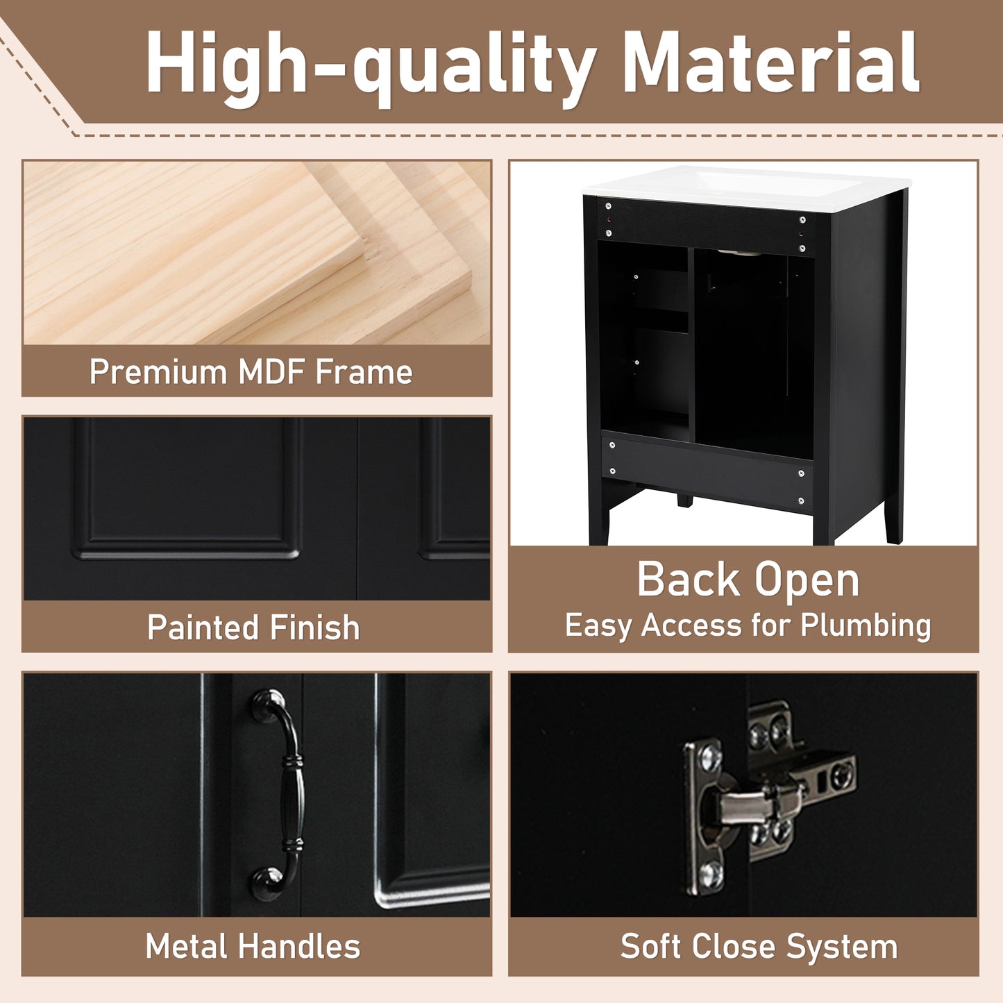 24 inch Bathroom Vanity with Sink, One Cabinet with Soft-closing Door, 3 Soft-closing Drawers, Retro Metal Handles, Black image 6