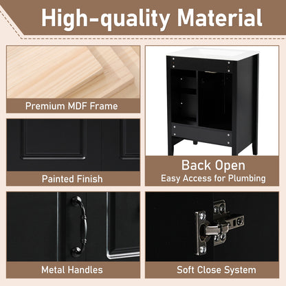 24 inch Bathroom Vanity with Sink, One Cabinet with Soft-closing Door, 3 Soft-closing Drawers, Retro Metal Handles, Black image 6