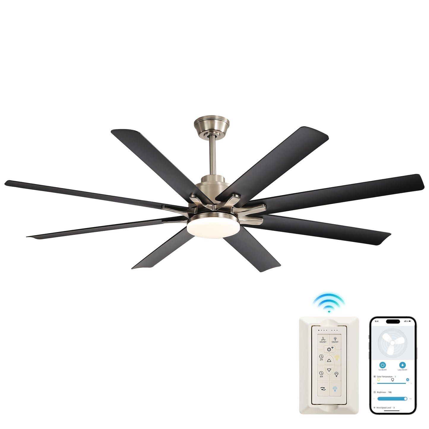 52-Inch Smart Ceiling Fan With Lights,6 Wind Speed,With 8 Black ABS Blades,Voice Remote,Fan For Bedroom,Living Room,Patio,Kitchen image 1