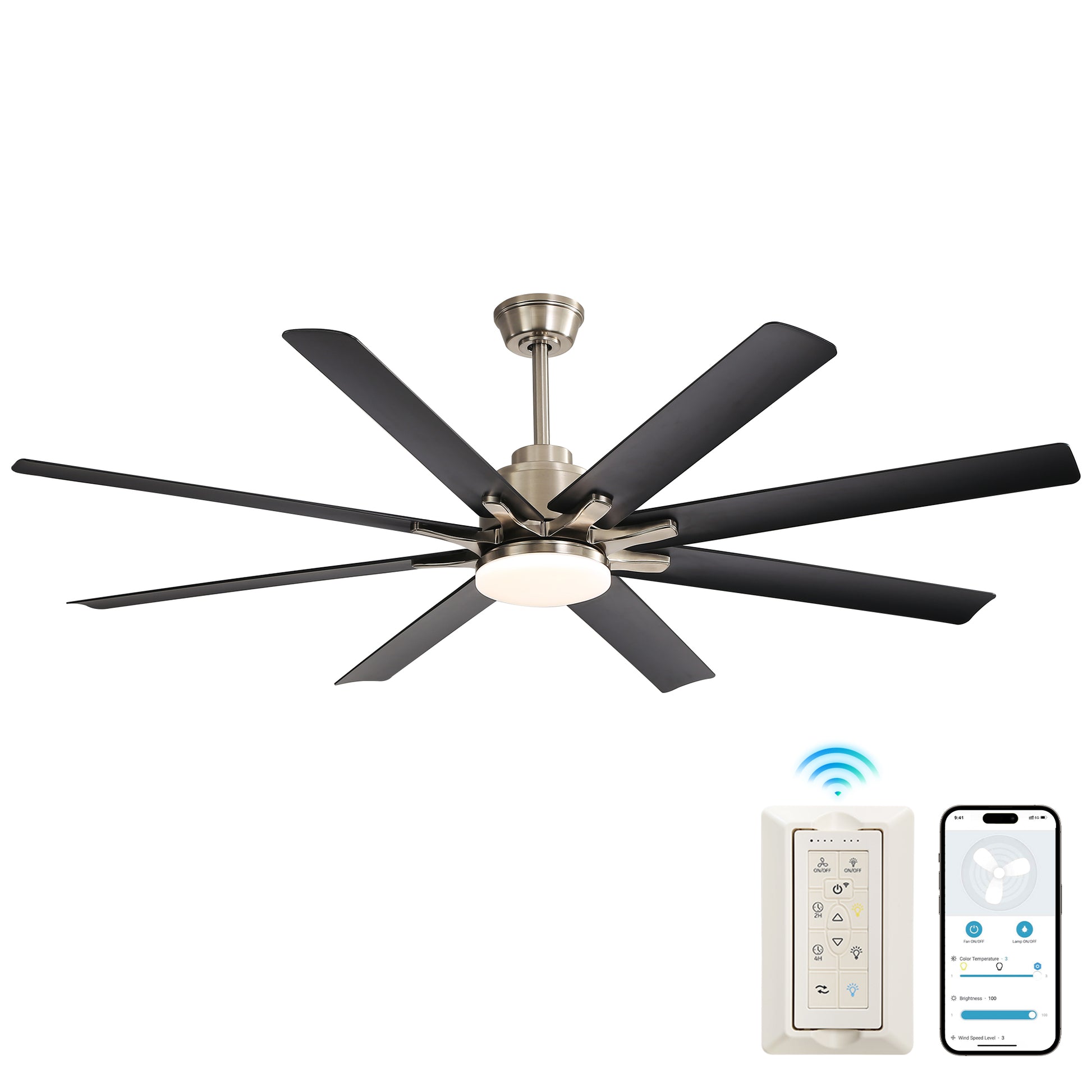 52-Inch Smart Ceiling Fan With Lights,6 Wind Speed,With 8 Black ABS Blades,Voice Remote,Fan For Bedroom,Living Room,Patio,Kitchen image 1