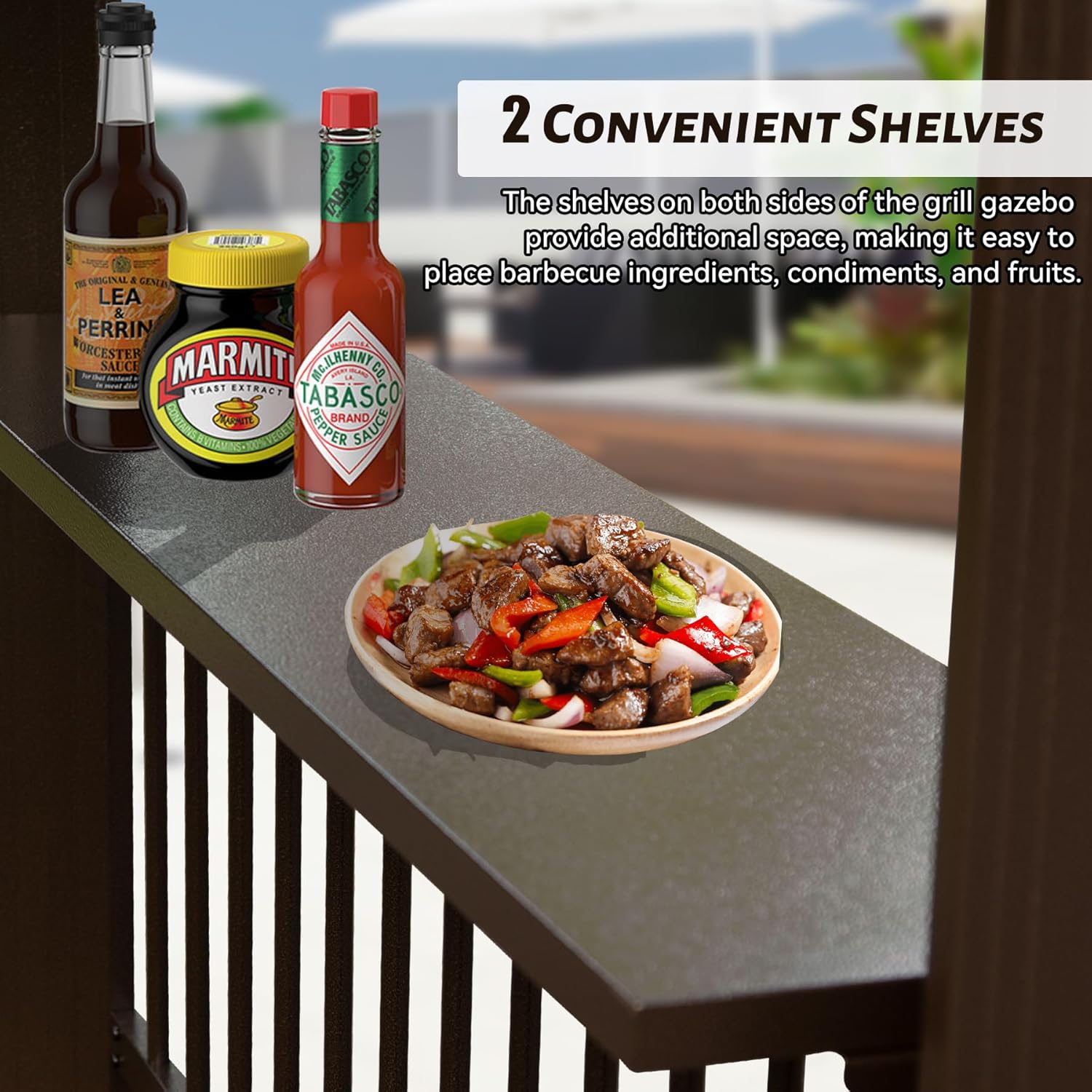6.5x12FT Hardtop Grill Gazebo, Outdoor BBQ Gazebo with 2 Side Shelves and Sloping Galvanized Steel Roof, Metal Permanent Grill Canopy with Ceiling Hooks for Patio, Lawn, Backyard, Deck, Brown image 5