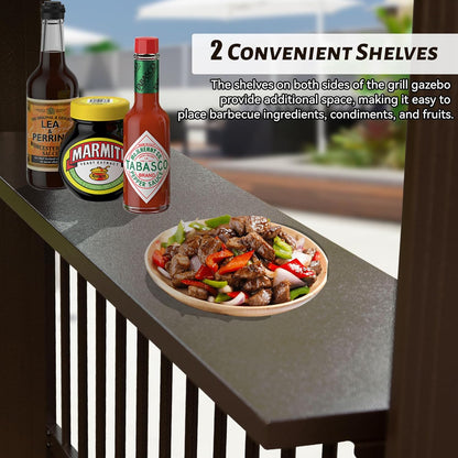 6.5x12FT Hardtop Grill Gazebo, Outdoor BBQ Gazebo with 2 Side Shelves and Sloping Galvanized Steel Roof, Metal Permanent Grill Canopy with Ceiling Hooks for Patio, Lawn, Backyard, Deck, Brown image 5