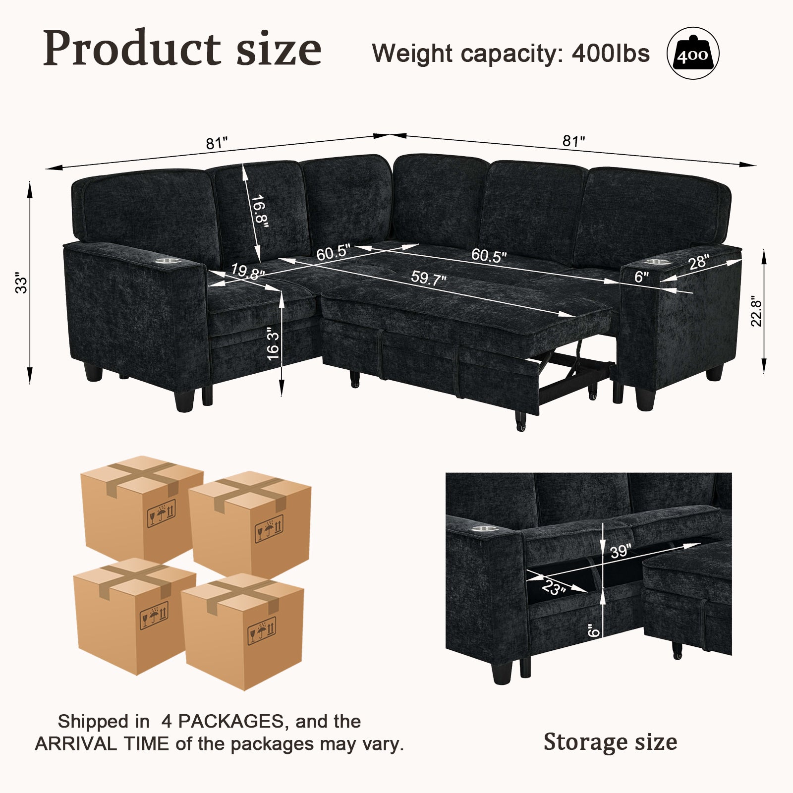 L-Shaped Sofa with Pull Out Sofa Bed, Sleeper Sofa Couch Bed with Storage Seat, 5 Seat Sectional Sofa Bed with USB, Sectional Sofa Couch for Living Room, Apartment, Charcoal Grey image 9