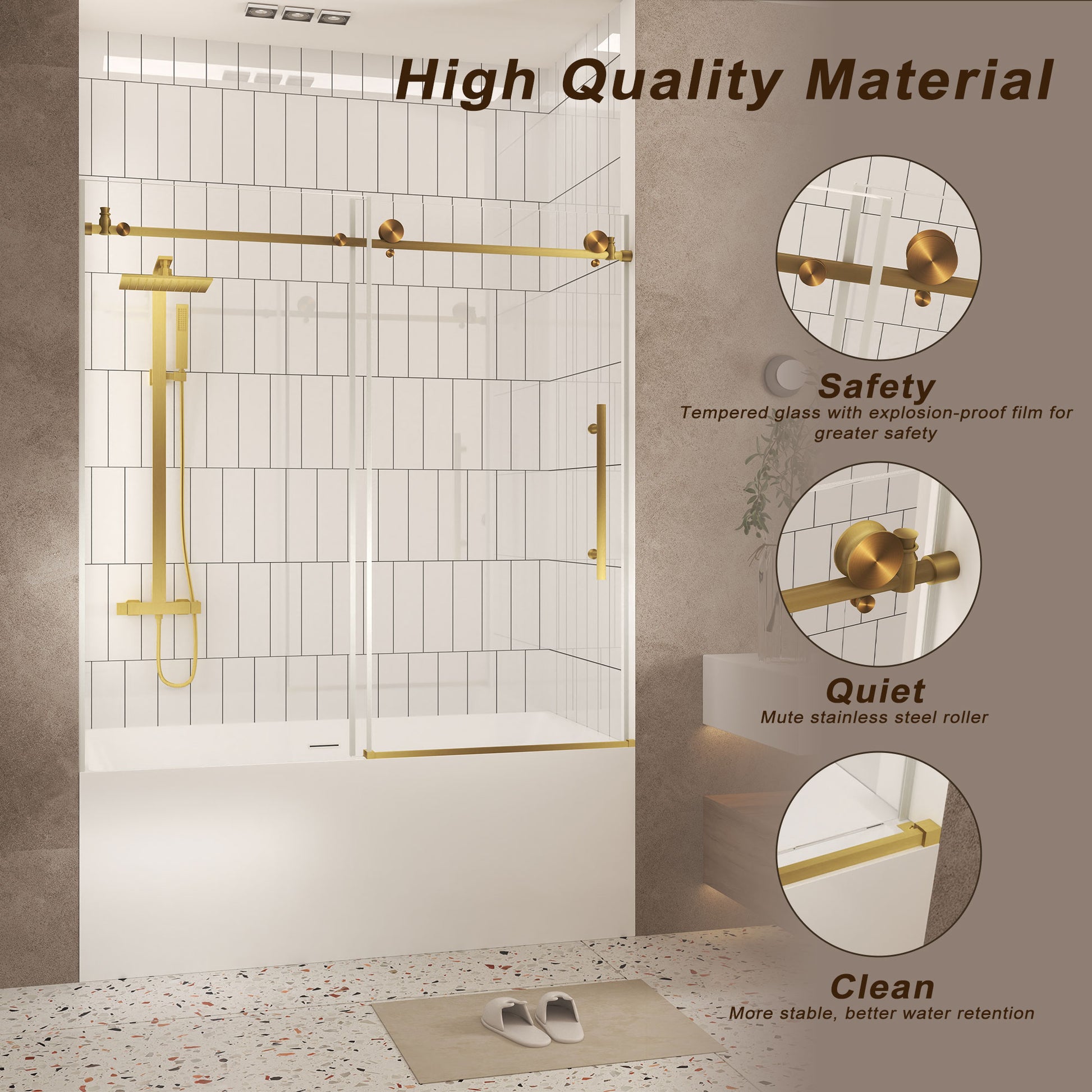Frameless shower door 56-60 "W x 60" H, 1/4 "(6 mm) Clear Tempered Glass, Explosion Proof Film, Stainless Steel Handle,Brushed Gold image 5