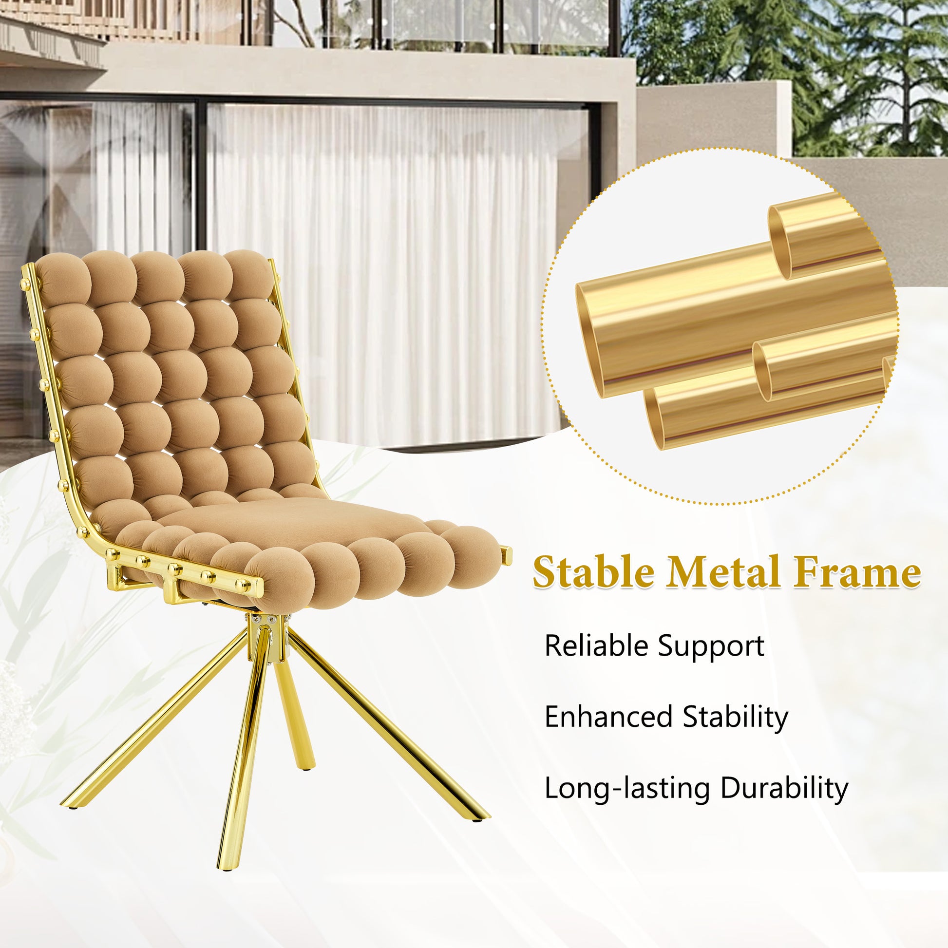 Set of 2 Tufted Ball Backrest Swivel Chair with Gold Metal Legs, Stylish Armless Chair for Home Office, Bedroom & Dining Area image 5