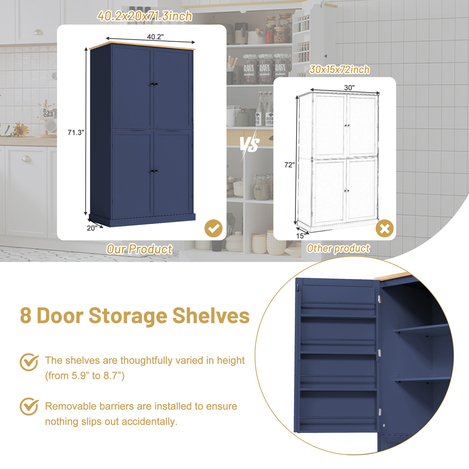 [Assembly Video Provided]TOPMAX 40.2x20x71.3inch High Freestanding Kitchen Pantry Large Cupboard Storage Cabinet with 2 Drawers, 2 Adjustable Shelves, 8 Door Shelves for Kitchen, Dining Room,Blue image 6