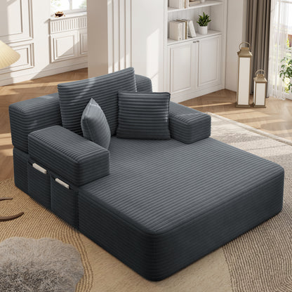 Luxurious Plush Corduroy Chaise Lounge with 3 Pillows, Convertible Sofa Bed with Storage Pocket, Frameless Design & Compression Foam for Small Spaces, Living Room, Apartment,Dark Gray image 4