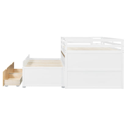 Full XL Loft Bed with Pull-Out Desk and Twin Trundle, Multi-Functional Bunk Bed with 2 Storage Drawers and Storage Steps, Space-Saving Gaming & Workstation Bedframe, White+Wood Color image 12