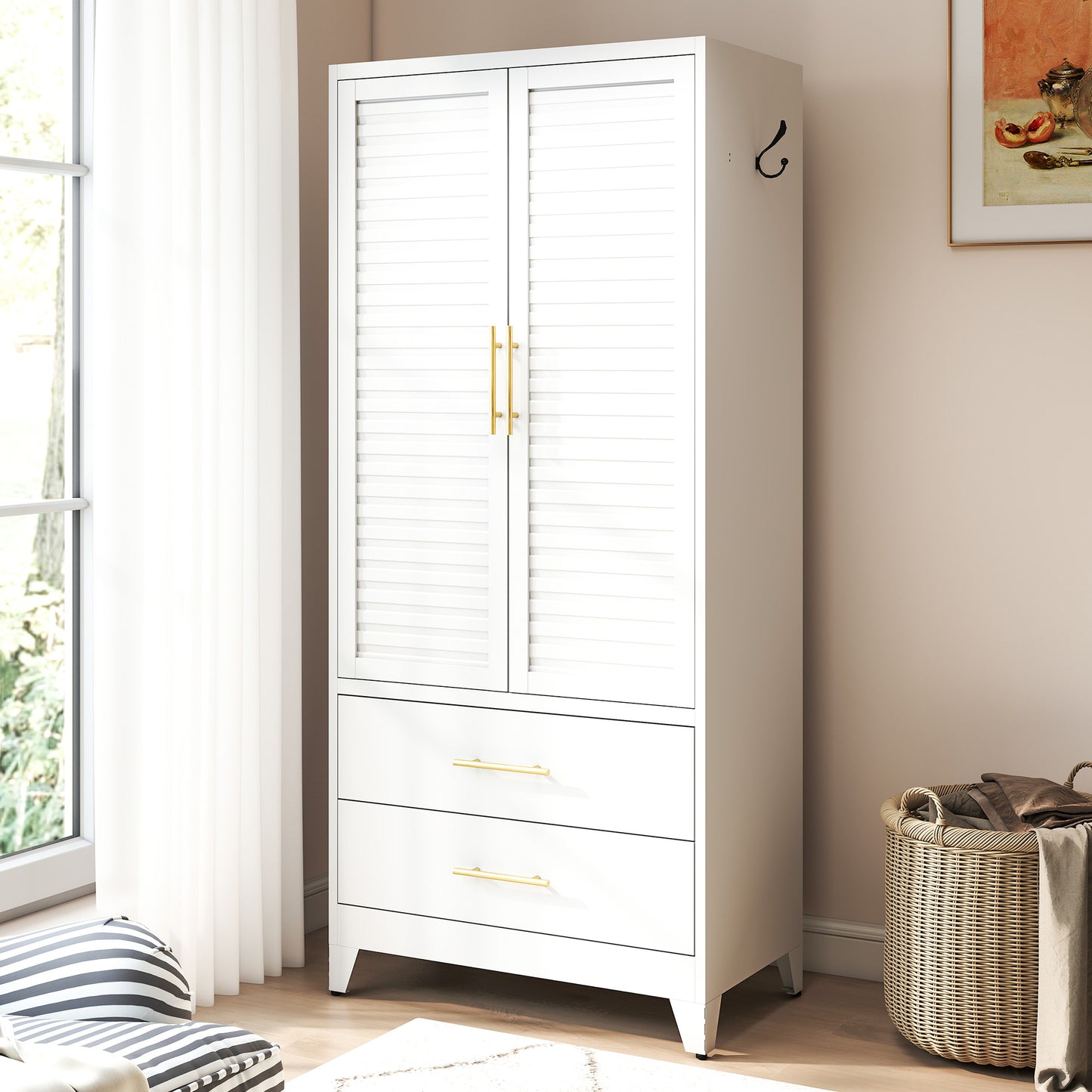 White Metal Wardrobe Closet with 2 Doors and Drawers, 71″ Tall Storage Cabinet for Bedroom, Lightweight Portable Closet for Small Apartments, Dorm, Renters, Cold Rolled Steel, Easy Assembly image 1