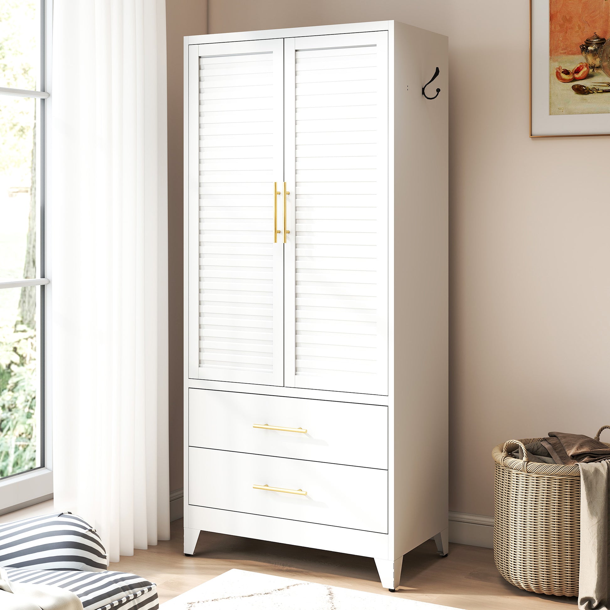 White Metal Wardrobe Closet with 2 Doors and Drawers, 71″ Tall Storage Cabinet for Bedroom, Lightweight Portable Closet for Small Apartments, Dorm, Renters, Cold Rolled Steel, Easy Assembly image 1