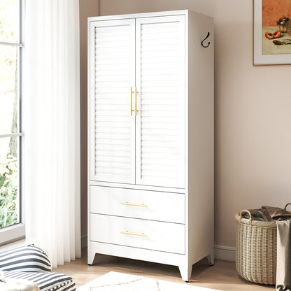 White Metal Wardrobe Closet with 2 Doors and Drawers, 71″ Tall Storage Cabinet for Bedroom, Lightweight Portable Closet for Small Apartments, Dorm, Renters, Cold Rolled Steel, Easy Assembly image 1