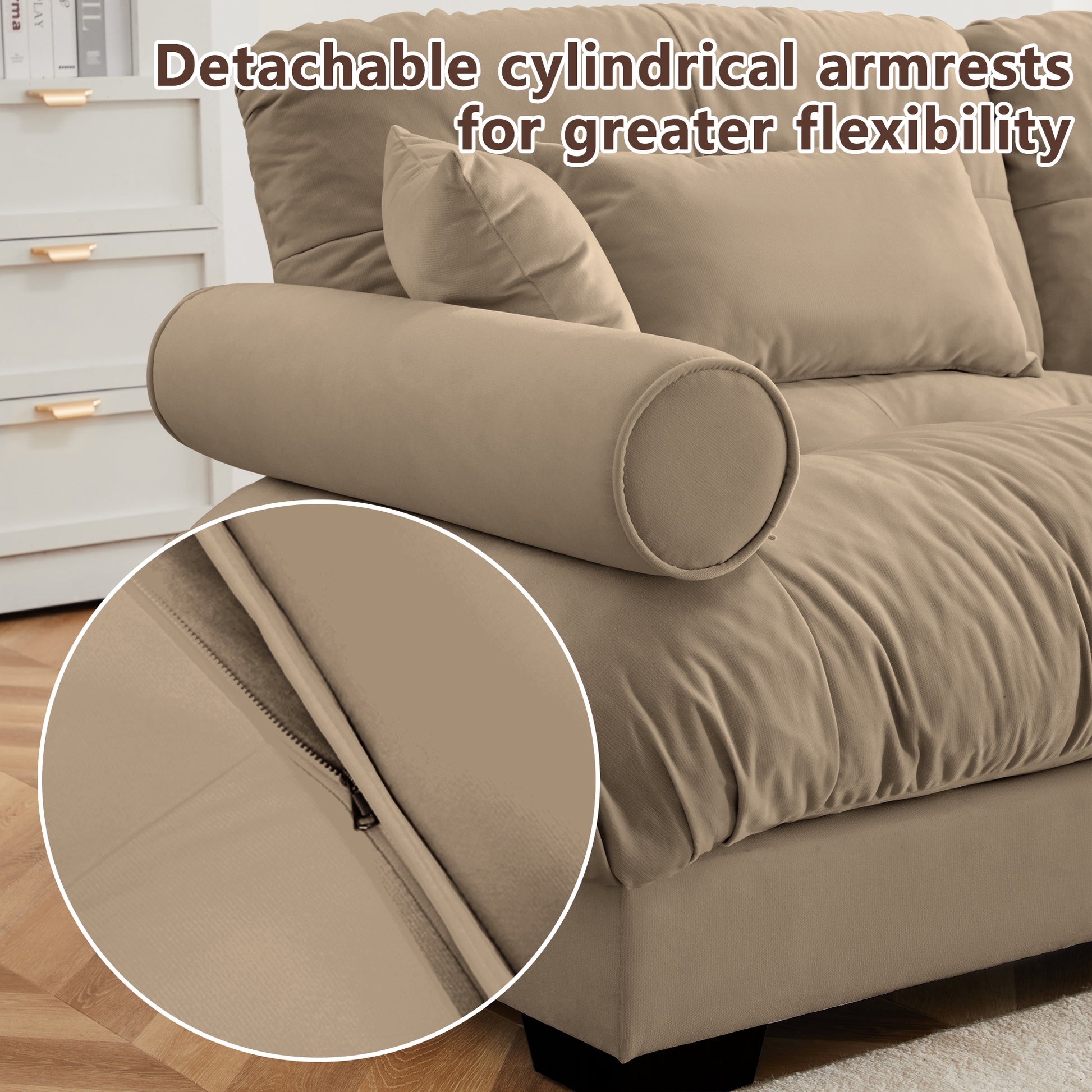 Over Size Modern Two-seater Sofa with Ottoman, Velvet 2-Seater with Round Bolster Armrests,With Waist Pillow and Throw Pillows, Reading Room, Loft and Bedroom,Camel image 6