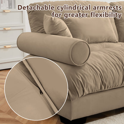 Over Size Modern Two-seater Sofa with Ottoman, Velvet 2-Seater with Round Bolster Armrests,With Waist Pillow and Throw Pillows, Reading Room, Loft and Bedroom,Camel image 6