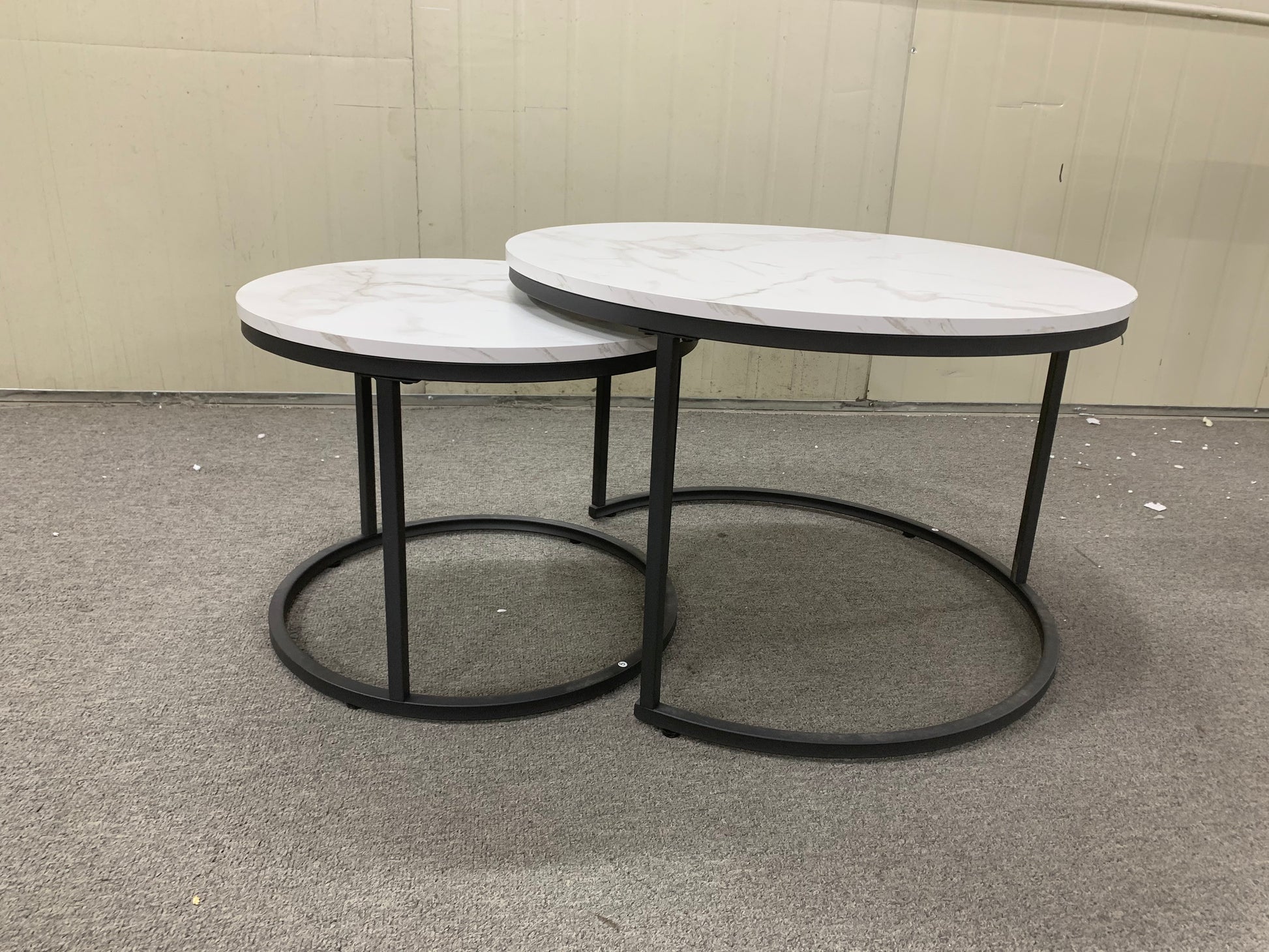27.6" Nesting Coffee Table Set of 2, Round Coffee Table Wood Marble Pattern Top with Sturdy Metal Frame, End Table Side Tables for Living Room Bedroom Balcony Yard (White) image 2