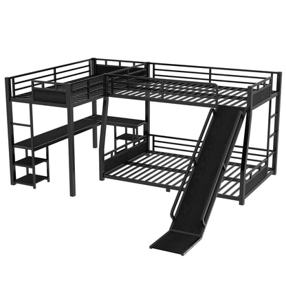 L-Shaped Metal Bunk Bed (Top bed:Full/FullXL, bottom bed: Queen) with Twin XL Loft Bed, Desk, and Storage Shelves,USB Charging Port Included - Metal Triple Bunk Bed with Slide,Black image 9