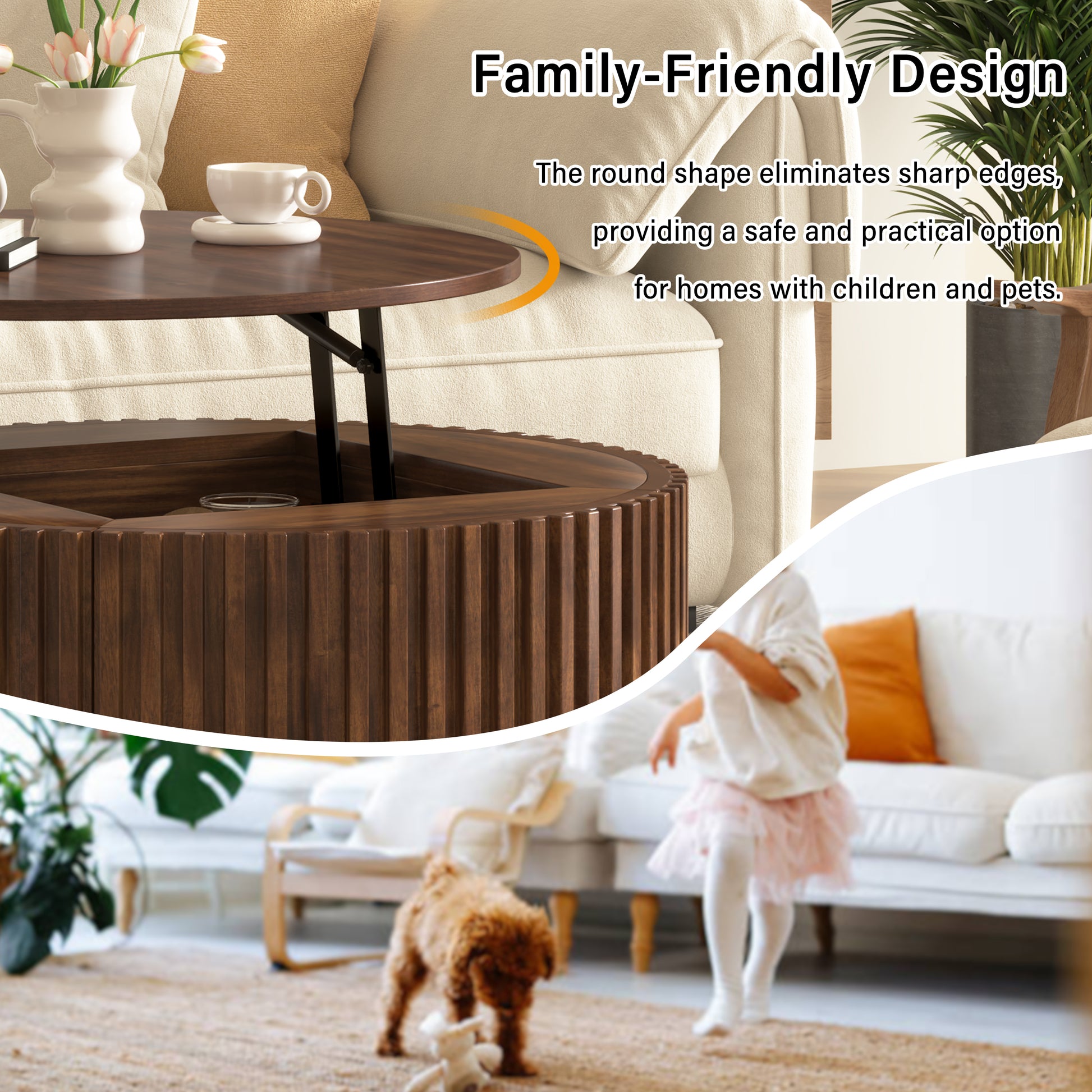 VIBE HAUS Round Lift Top Coffee Table, Modern Fluted Wood Accent Coffee Table with Hidden Storage for Living Room image 7