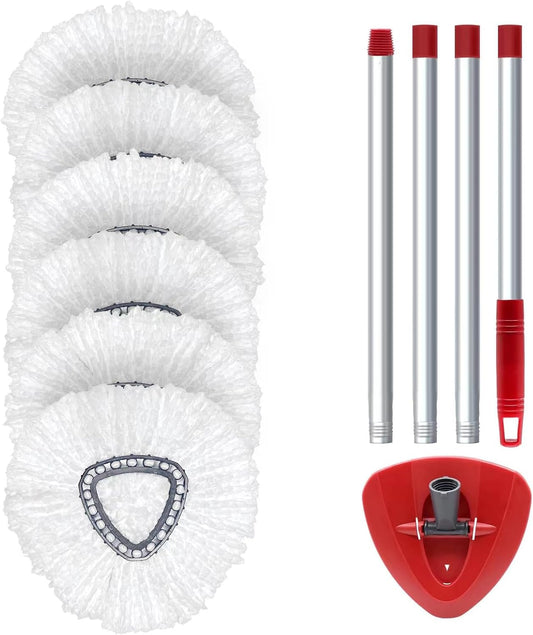 Spin Mop Replace Head Base, Handle Compatible with O Cedar EasyWring Microfiber Spin Mop,6 Mop Refills Replacement Heads, 30-58" Mop Handle and 1 Mop Base Combo Set (White,1-Tank System)