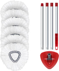 Spin Mop Replace Head Base, Handle Compatible with O Cedar EasyWring Microfiber Spin Mop,6 Mop Refills Replacement Heads, 30-58" Mop Handle and 1 Mop Base Combo Set (White,1-Tank System)