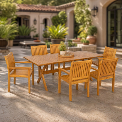 7 Pieces Acacia Wood Outdoor Dining Set s,Modern 6 Chairs 1 Large Table,Dining Furniture Set for Lawn, Backyard, Garden Deck,Poolside,Teak image 2