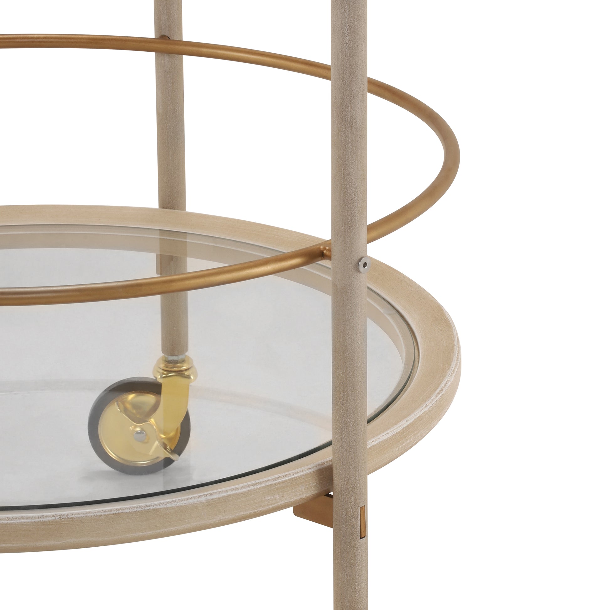 Round Bar Cart with Tempered Glass Shelves and Gold Accents,Distressed White Finish image 9