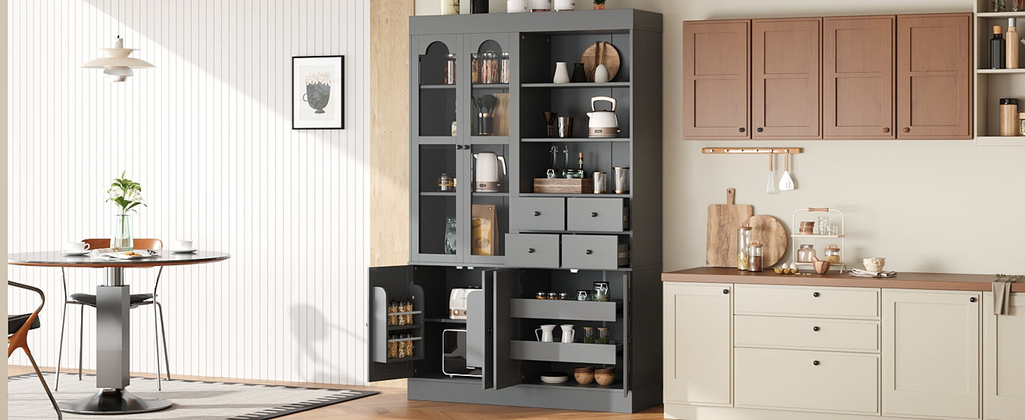 [Assembly Video Provided] TOPMAX 47.2x15.7x75inch Freestanding Buffet with Hutch, Tall Kitchen Pantry Cabinet with 4 Drawers, Door Shelves and Pull-out Trays for Dining room, Living Room, Gray image 2