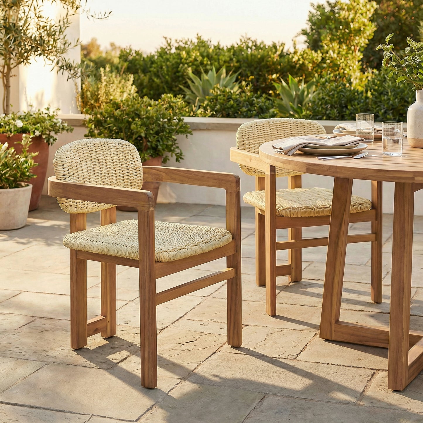 Outdoor Woven Rattan Chair Set Two Accent Chairs Stylish Outdoor Armchairs 2 Person Seating Group Ergonomic Garden Chairs for Patio, Outdoor, Teak Finish+Natural Rattan image 8