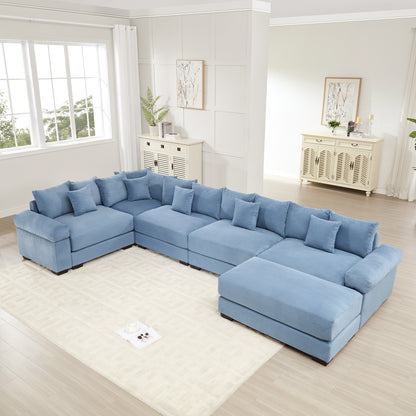 Oversized Cloud Modular Sectional Couch, Convertible Sectional Couches,Extra-Wide Armrests With An Ottoman,Premium Corduroy Fabric, Ergonomic Design,Easy Assembly,For Living Rooms Study,Blue image 1