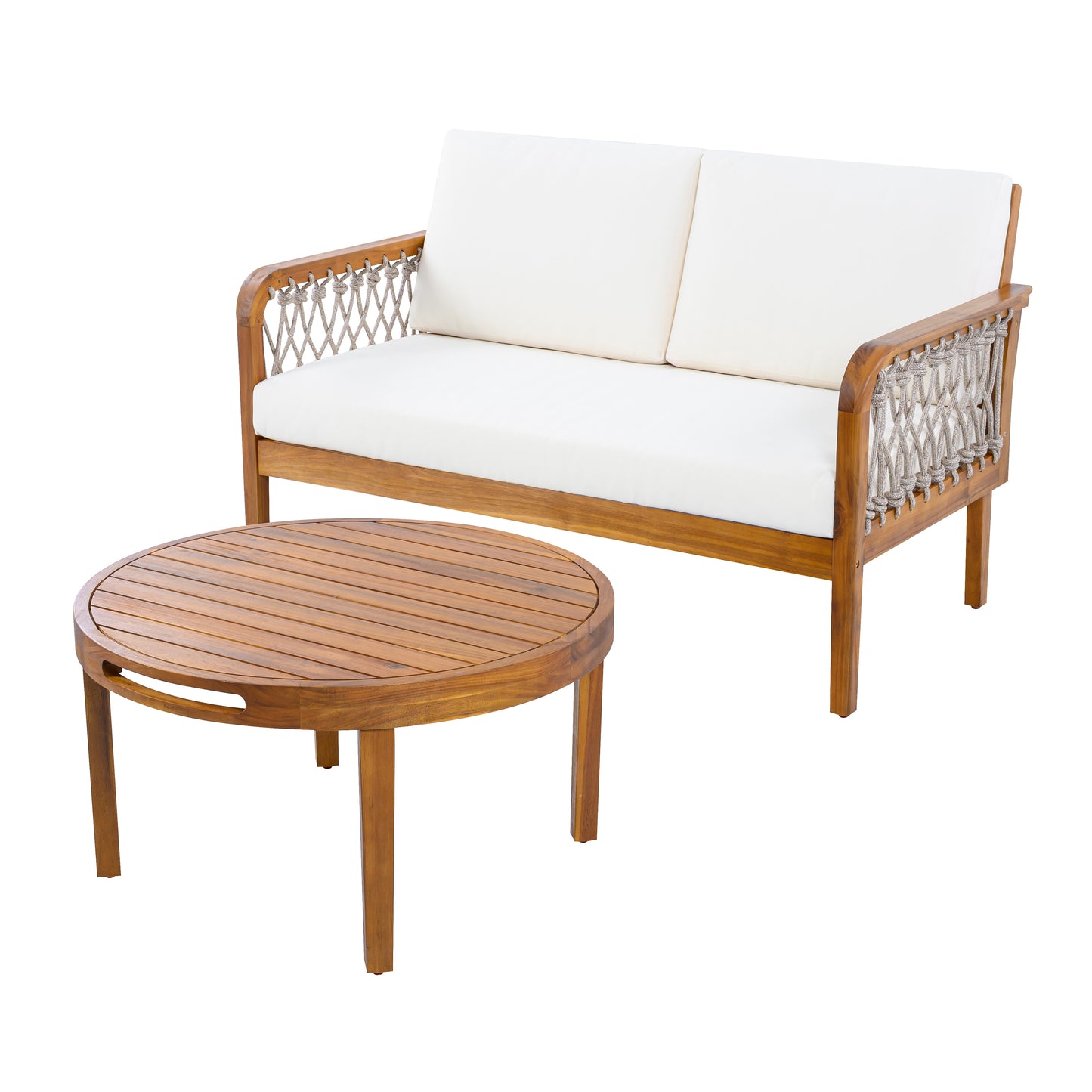 4-Piece Acacia Wood Outdoor Patio Furniture Set, All-Weather Conversation Sofa Set with Rope Woven Armrests, Removable Cushions for Backyard Garden,Teak finish+Oatmeal rope+Cream Beige cushion image 11