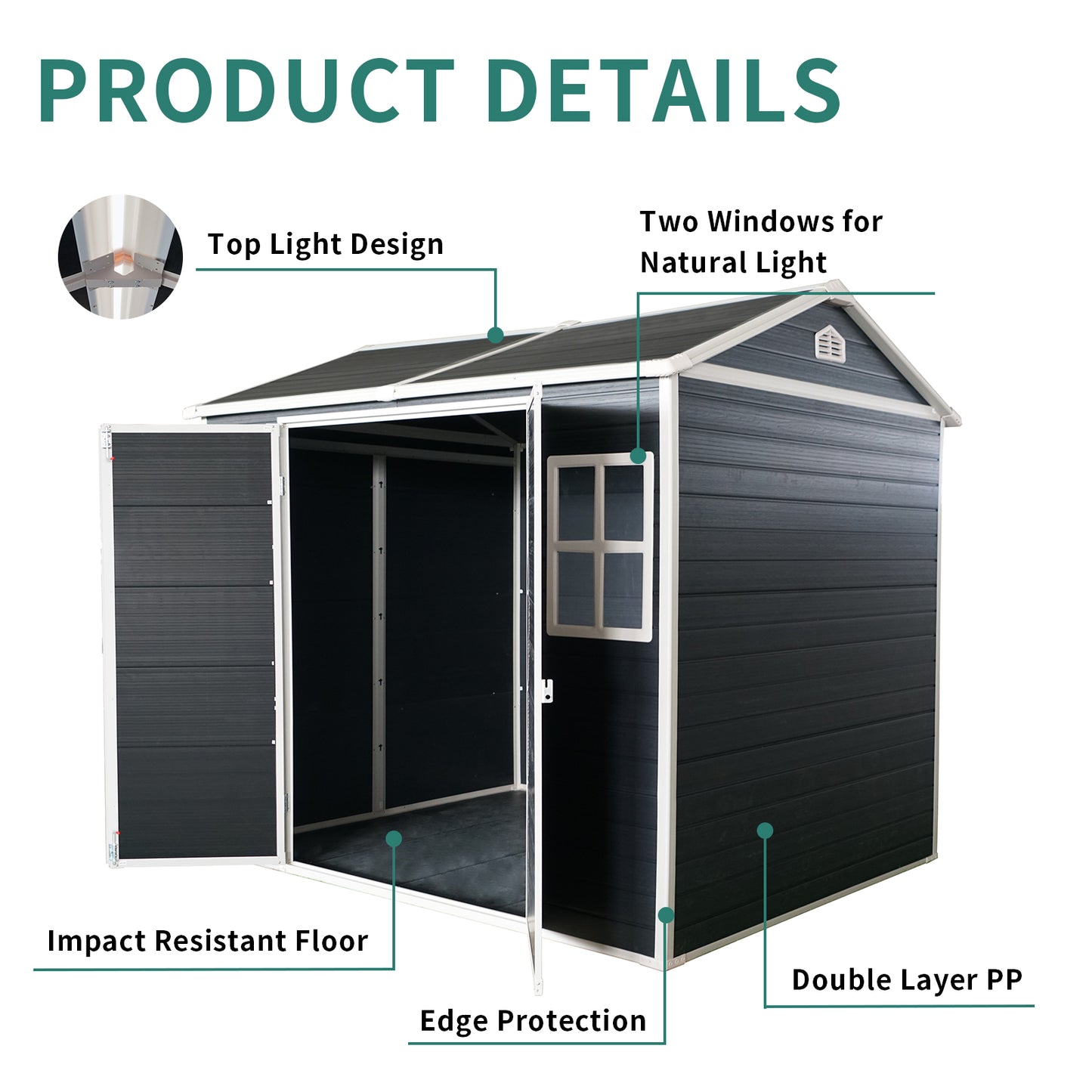 8x4ft Outdoor Resin Garden Shed with Floor and 2 Windows, Plastic Patio Outdoor Storage Shed with Lockable Door for Garden Tools, Bicycles, Trash Cans, Black image 5