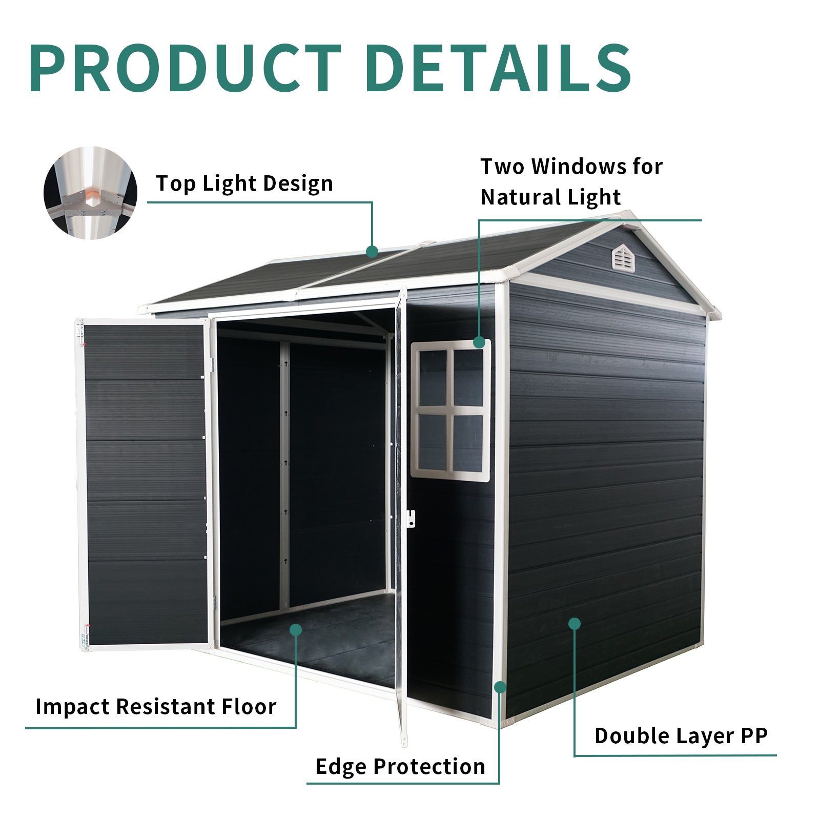 8x4ft Outdoor Resin Garden Shed with Floor and 2 Windows, Plastic Patio Outdoor Storage Shed with Lockable Door for Garden Tools, Bicycles, Trash Cans, Black image 5