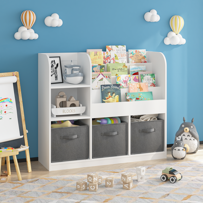 Kids Bookcase and Bookshelf, Multifunctional Bookcase with 3 Collapsible Fabric Drawers, Bookcase Display Stand, Toy Storage Organizer for Bedroom, Playroom, Hallway (White/Gray) image 1
