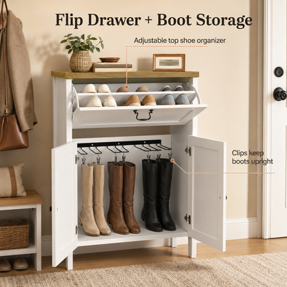 Shoe Cabinet with Flip Drawer, Boot Rack and 6 Boot Clips, Narrow Entryway Shoe Cabinet with Adjustable Shelf, Freestanding Shoe Organizer Cabinet for Entryway, Foyer, 31.5"W x 15.7"D x 45.3"H-White image 10