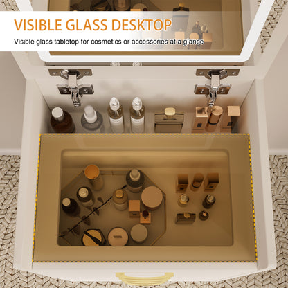 3 in 1 Vanity Desk with open Top Mirror,Small Make Up Vanity Set with Visible Glass Desktop,Compact Makeup Vanity with 3 Drawers,Dressing Table for Bedroom image 3