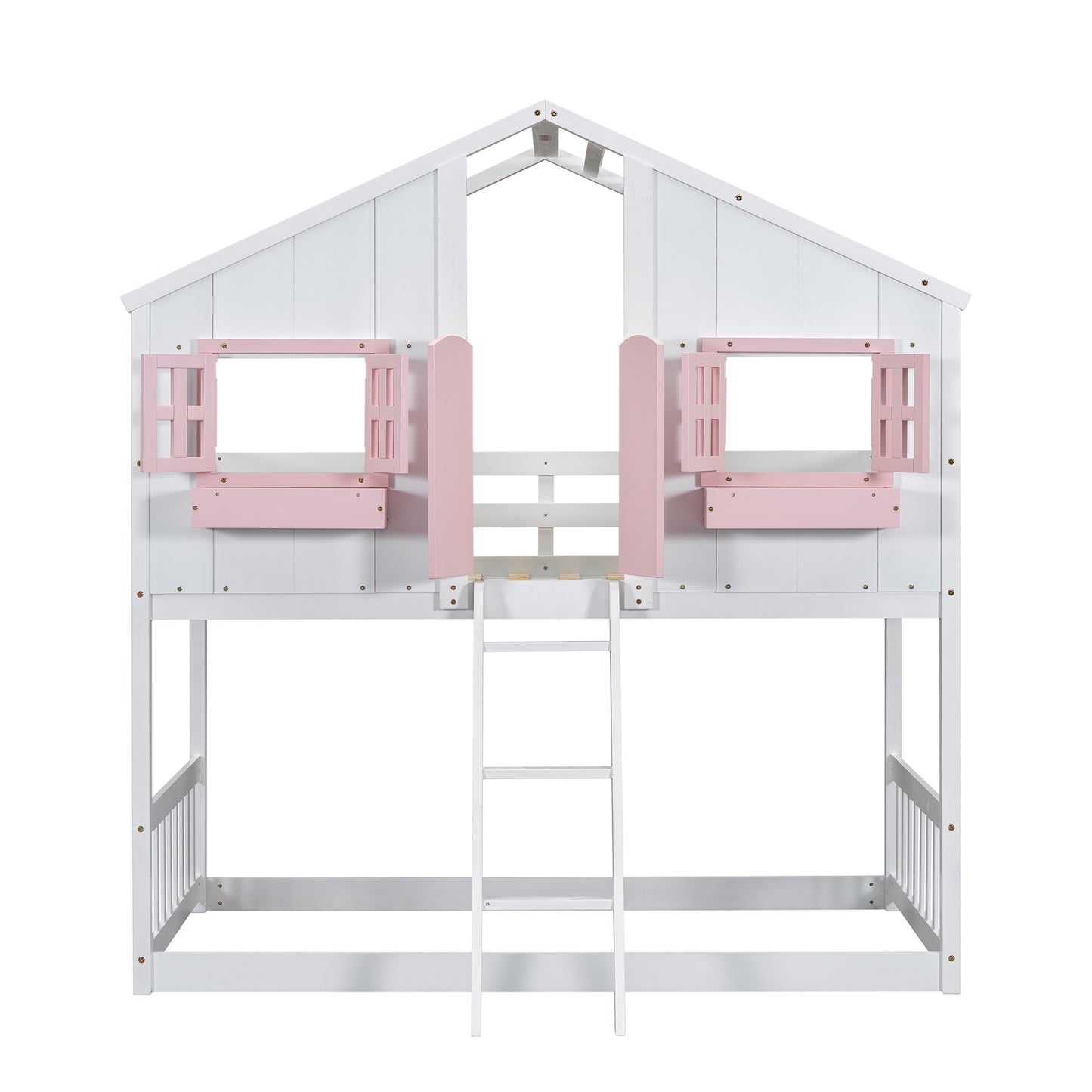 Twin over Twin House Bunk Bed with Roof, Window, Window Box, Door, with Safety Guardrails and Ladder, Pink/White image 6