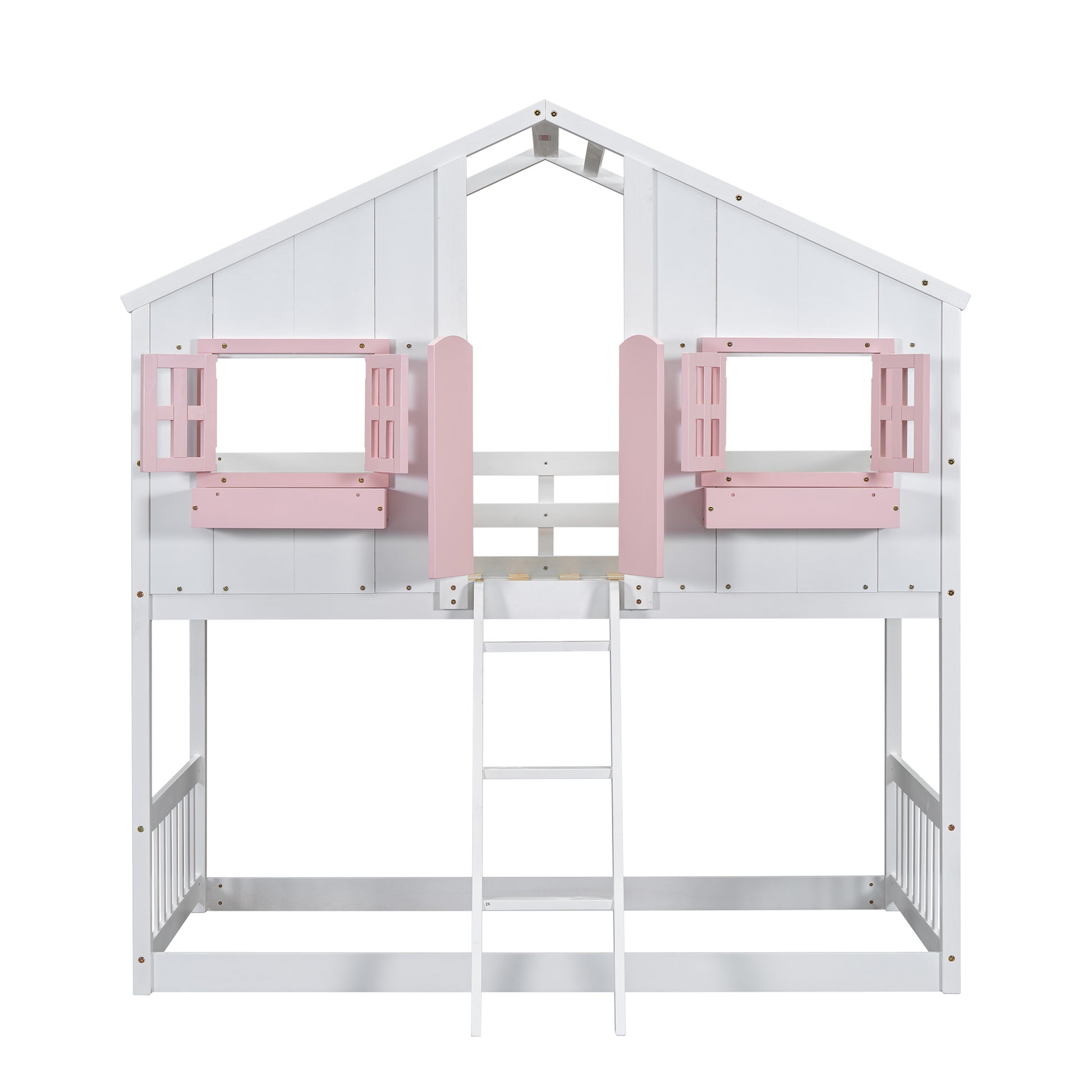 Twin over Twin House Bunk Bed with Roof, Window, Window Box, Door, with Safety Guardrails and Ladder, Pink/White image 6