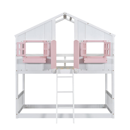 Twin over Twin House Bunk Bed with Roof, Window, Window Box, Door, with Safety Guardrails and Ladder, Pink/White image 6
