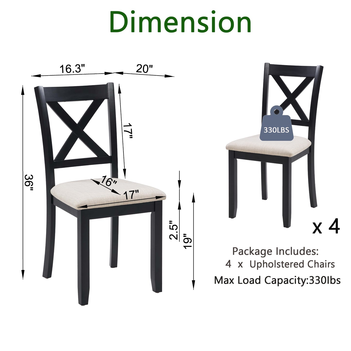 Dining Chairs Only, Wooden Dining Chairs Set of 4, Kitchen Chair with Padded Seat, Upholstered Side Chair for Dining Room, Living Room, Kitchen, Black & Beige two tone image 8