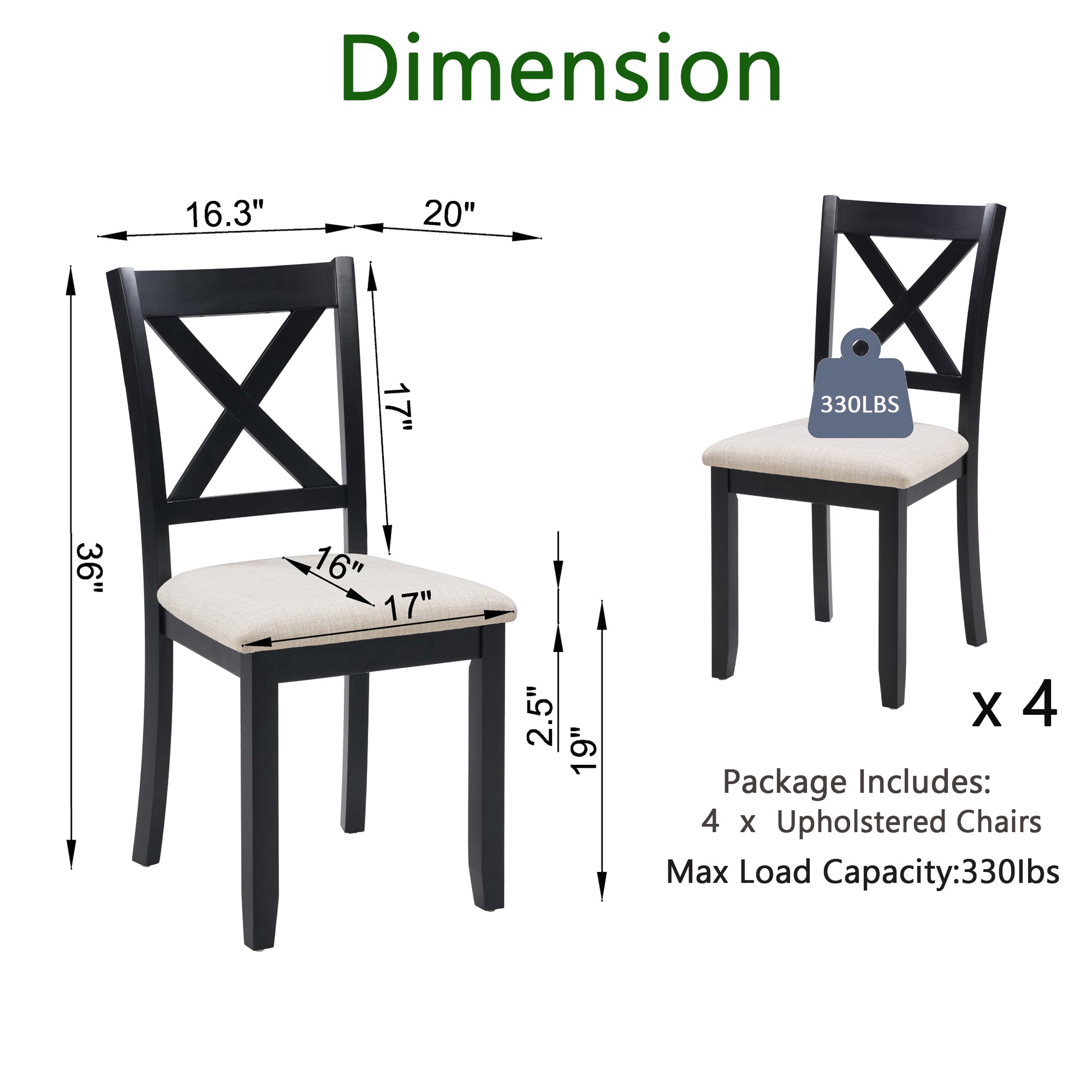 Dining Chairs Only, Wooden Dining Chairs Set of 4, Kitchen Chair with Padded Seat, Upholstered Side Chair for Dining Room, Living Room, Kitchen, Black & Beige two tone image 8