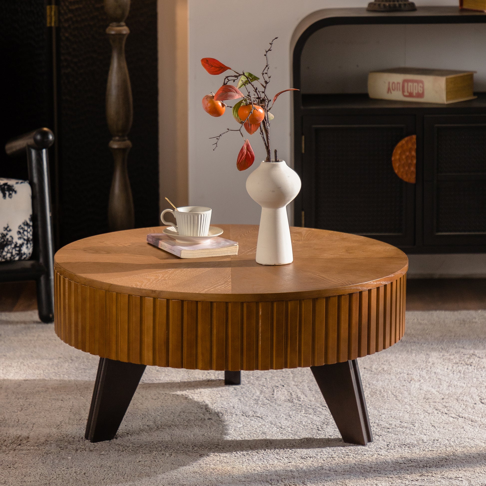 31.5" Retro Round Coffee Table with Storage Space, Suitable for Living Room and Office, Natural image 2