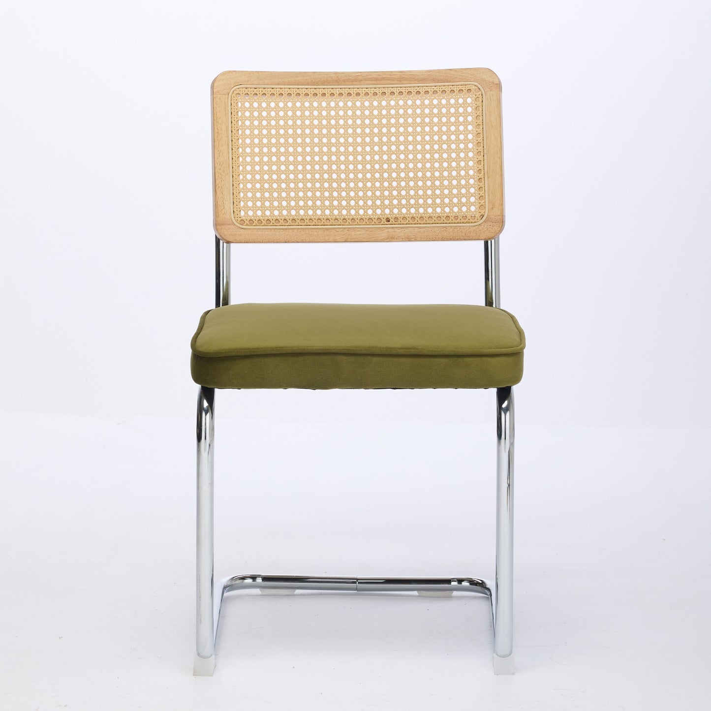 Mid Century Modern Dining Chairs Set of 2, Velvet Accent Chairs with Natural Cane Back & Stainless Chrome Base, Famous Breuer Designed Chairs, Upholstered Rattan Kitchen Chairs,Olive-Green image 2