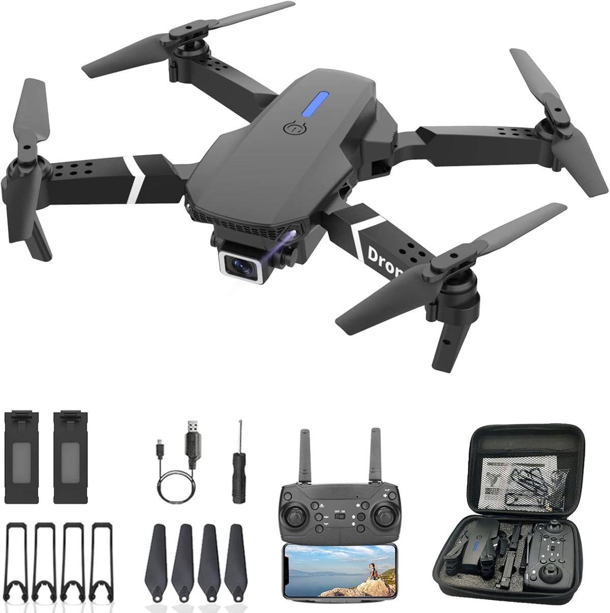 Drone With Camera for Adults Beginners Kids, Foldable RC Quadcopter, Toys Drone, 1080P FPV Video, 2 Batteries, Carrying Case, One Key Start, Headless Mode, Waypoints fly, 360° Flips